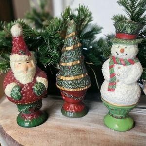 Vtg Christmas Celebrate The Season Topiary Candle Trio Santa Tree Snowman